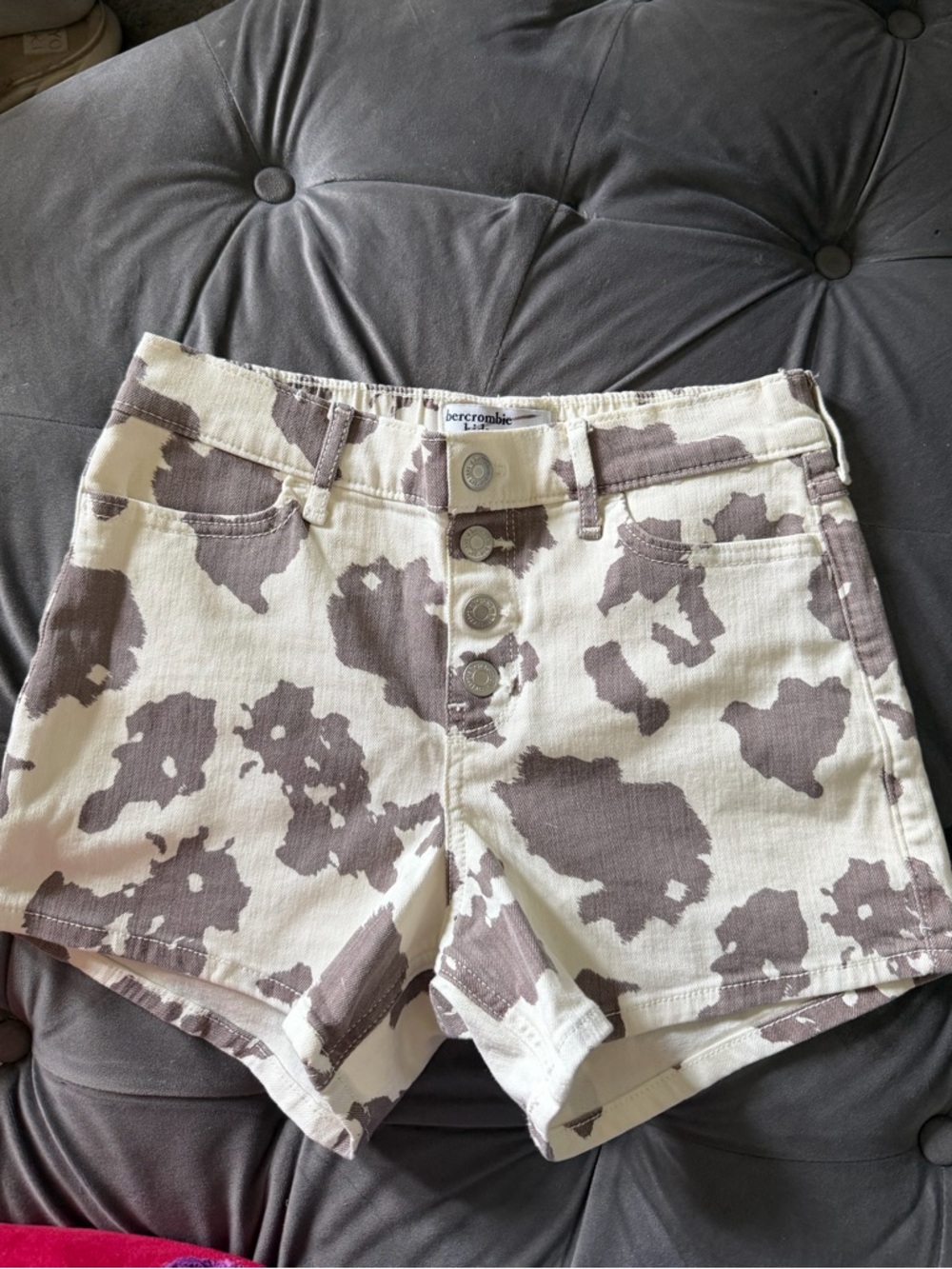 Girls Abercrombie & Fitch White and Brown Cowprint Denim Shorts
